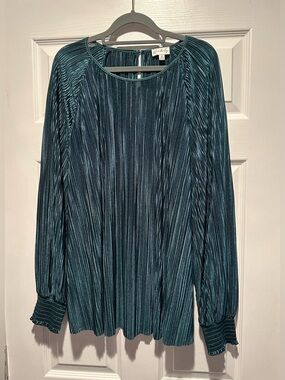 Wonderly Dark Green Pleated Long-Sleeve Blouse